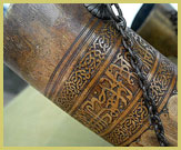 Engraved Arabic script on a magnificent ceremonial siwa horn at the museum of Lamu Old Town (Kenya), one of the UNESCO world heritage sites along East Africa’s Swahili coast