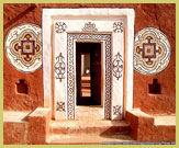 Beautiful bas-relief ornamentation of doorways and house walls is a characteristic of Oualata, one of the Ancient Ksour designated as UNESCO world heritage sites on the edge of the Sahara Desert in Mauritania