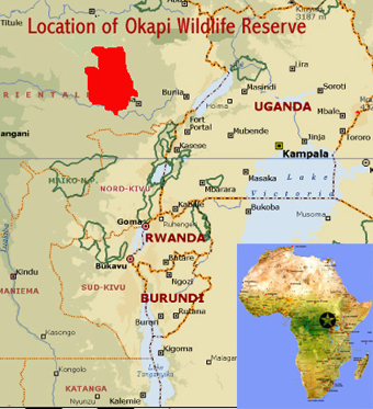 Map showing the location of the Okapi Wildlife Reserve world heritage site in the Democratic Republic of Congo