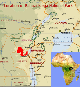 Map showing the location of Kahuzi-Biega National Park (World Heritage Site In Danger) in the eastern Democratic Republic of Congo