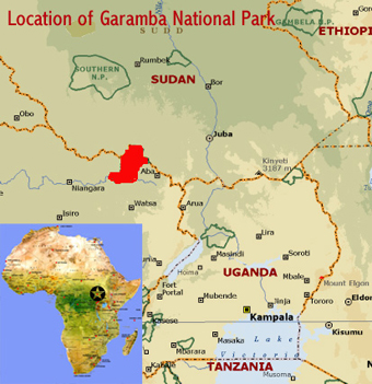 Map showing the location of Garamba National Park, world heritage site in danger, in northeastern Democratic Republic of Congo