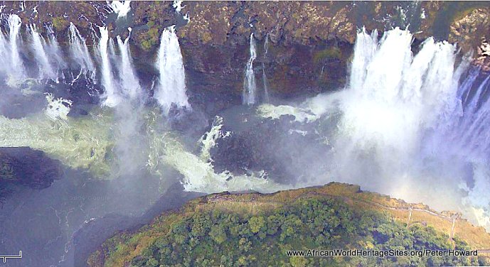 Low-elevation satelite image of Victoria Falls from Google Earth, showing the eastern end of the falls and Boiling Pot