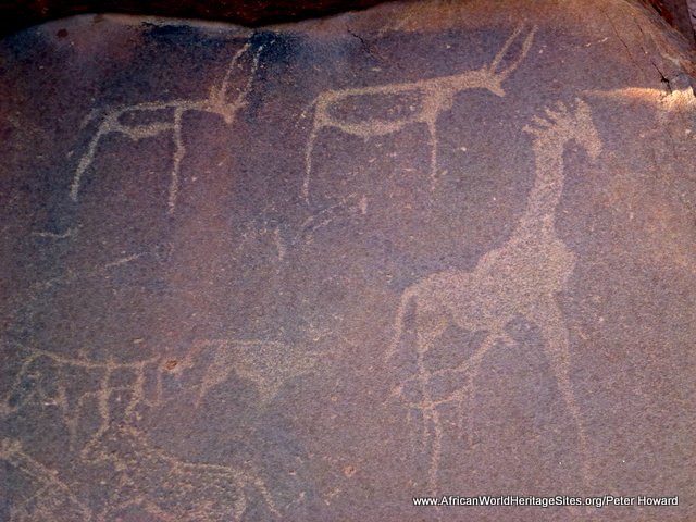 Giraffe are common subjects of the rock art at Twyfelfontein, their legs depicted without hooves as if floating into the air