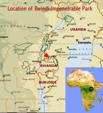 Map showing the location of Bwindi Impentrable forest National Park world heritage site in Uganda