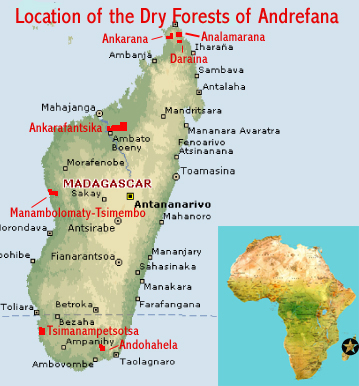 Map showing the location of the seven dry forests of the Andrefana (western Madagascar) with World Heritage Site potential