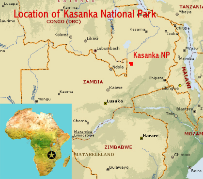 Map showing the location of Kasanka National Park (Zambia), a potential World Heritage Site