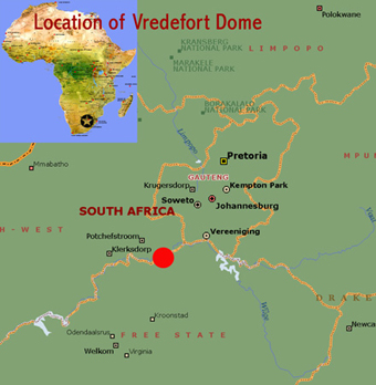 Map showing the location of Vredefort Dome world heritage site in South Africa