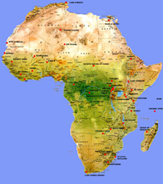 Map of Africa showing locations of 38 natural world heritage sites