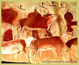 Part of the main rock art frieze showing eland at Game Pass Shelter at Kamberg within the uKhahlamba Drakensberg Mountains Park, a UNESCO world heritage site (South Africa)