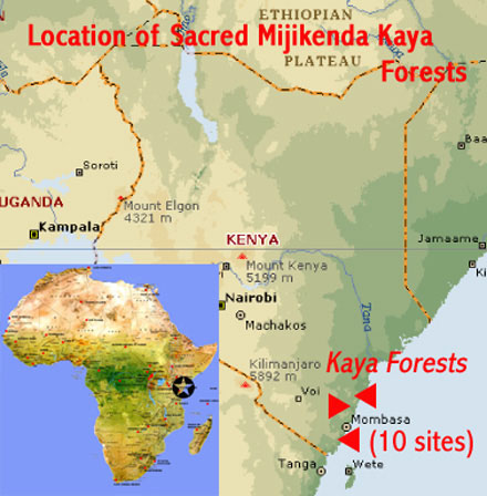 Map showing the location of the Sacred Mijikenda Kaya Forests, a UNESCO world heritage site (cultural landscape) near Mombasa, Kenya