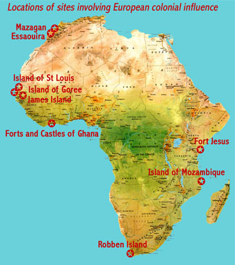 Map showing the locations of the nine UNESCO world heritage sites relating to the European colonisation of Africa