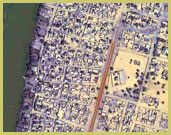 Satellite view of the Mosque and Tomb of Askia UNESCO world heritage site at Gao (Mali), set back from the banks of the Niger River in what is now a densely populated part of the town